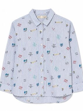 Zara Kids Doodle Print Striped Button Up Shirt Blue White 11/12